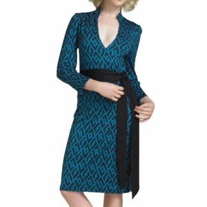 Diane von Furstenberg DVF "Tessa" Teal Geometric Silk Jersey Wrap Dress sz 2 S